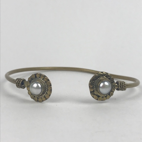 Brass Open Face Goddess Rope Pearl Cuff Bracelet - Picture 1 of 8